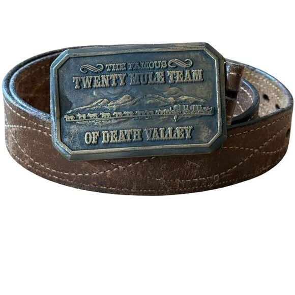 Vintage 1985 Mule Team Buckle On Justin Brown Genuine Leather Belt Size 38 - Picture 1 of 15